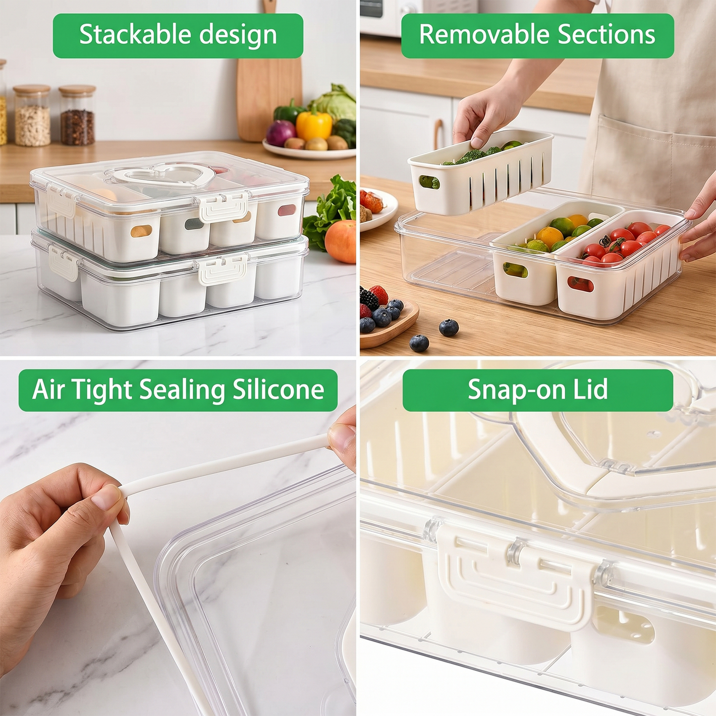 Snackle Box Container, Portable Snack Container with Lid and Handle, Reusable Stackable Snack Box, Divided Snack Containers with 4 Compartments for Travel Party Picnic,1 Pack, White