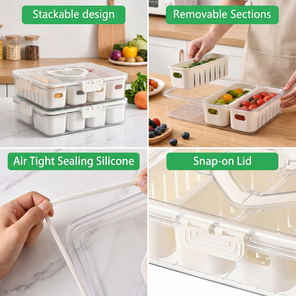 Snackle Box Container, Portable Snack Container with Lid and Handle, Reusable Stackable Snack Box, Divided Snack Containers with 4 Compartments for Travel Party Picnic,1 Pack, White