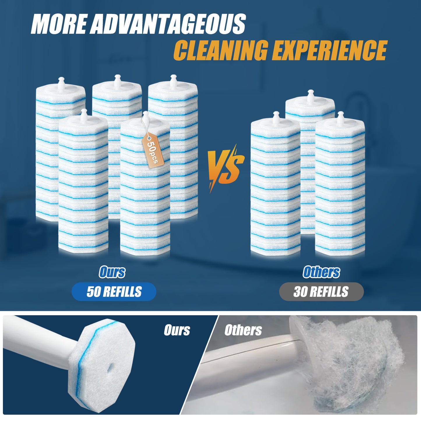 50PC Toilet Bowl Wand Refills, Replacement Heads for Bathroom Washroom Cleaning Pads, Disposable Toilet Brush Refills Compatible with Household Brushes Scrubbers Cleaning Refill Pack