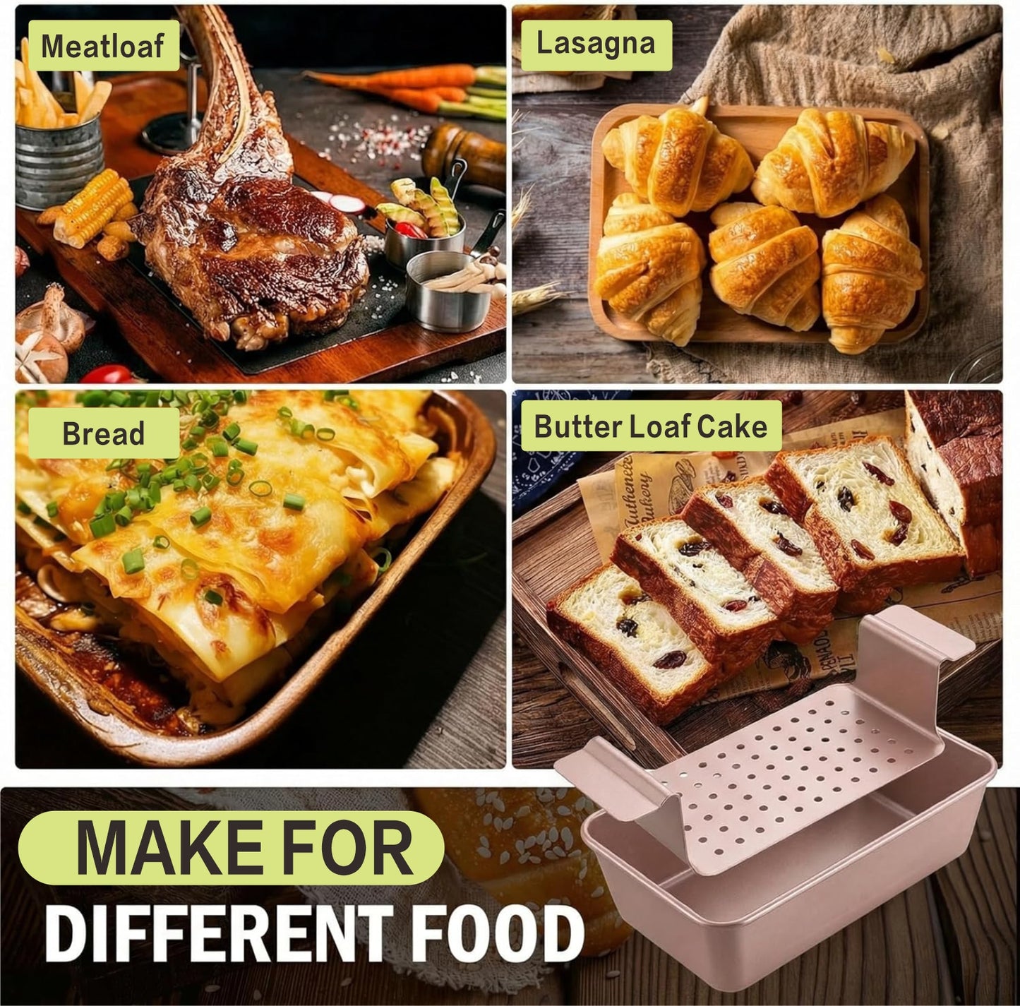 Meatloaf Pan with Drain Tray, Nonstick 9x5 Loaf Pan with Convenient Lift Serve Function, Ideal for Meatloaf & Bread Baking (Rose Gold)