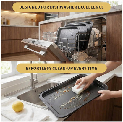 Baking Sheet Pan Set, 3-Piece Nonstick Multi-Depth Stackable Oven Bakeware, Warp & Rust Resistant Black Pans, Dishwasher Safe & Effortless Cleanup