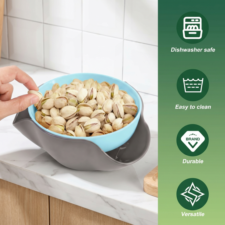Double-Layer Pistachio Bowl with Shell Storage — Snack Serving Bowl for Nuts, Cherries & Olives, Top Bowl + Bottom Compartment Design, 8.3-Inch Diameter