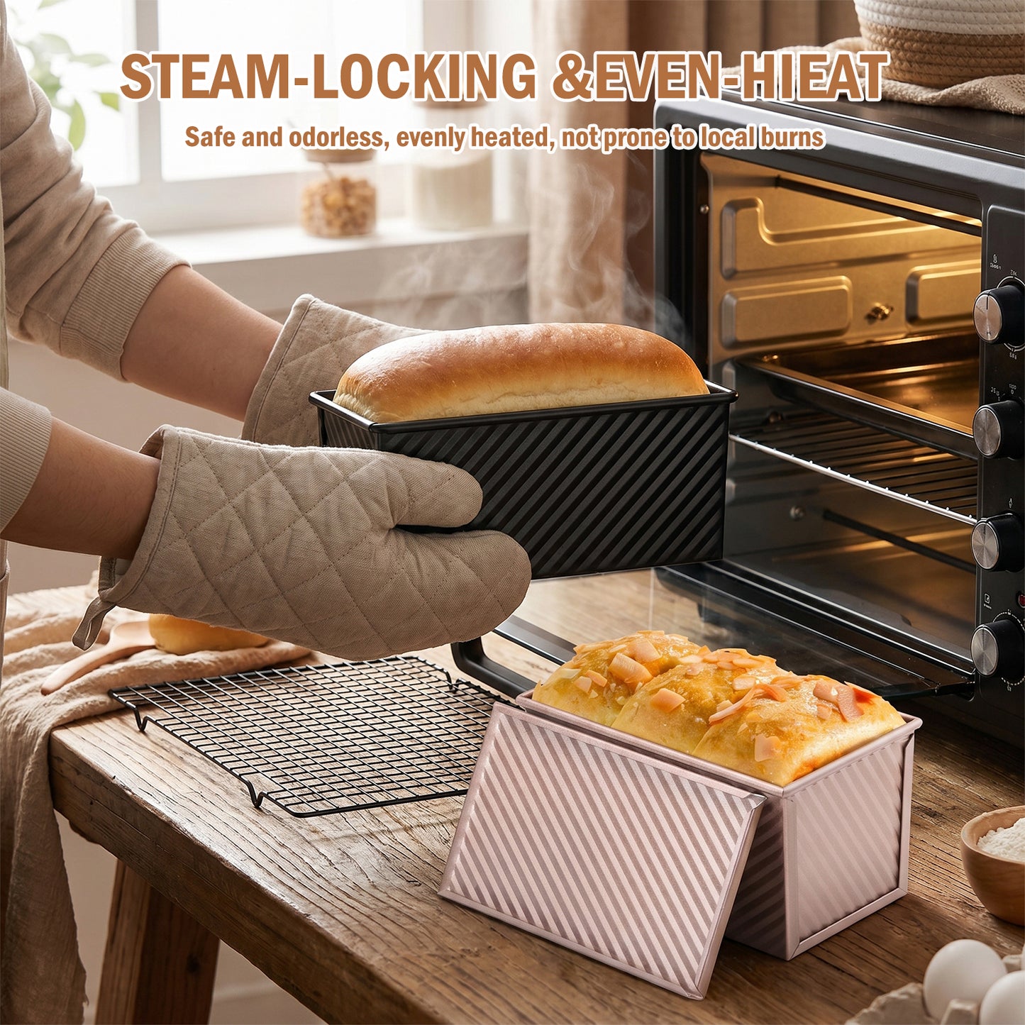 3-Pack Pullman Loaf Pan with Lids – Nonstick, 2.2/1/0.8 lb Dough Capacity, Includes 7 Tools