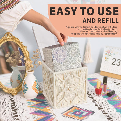 Tissue Box Cover, Square Tissue Box Holder, Bohemian Handmade Woven Boho Decor Tissue Organizer for Bathroom, Living Room, Kitchen (1-Pack)