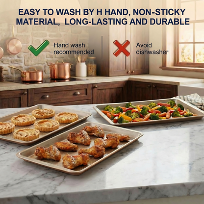 3-Piece Gold Baking Sheet Set – Nonstick Carbon Steel with Brush & Scraper, Half, Jelly Roll & Quarter Sizes