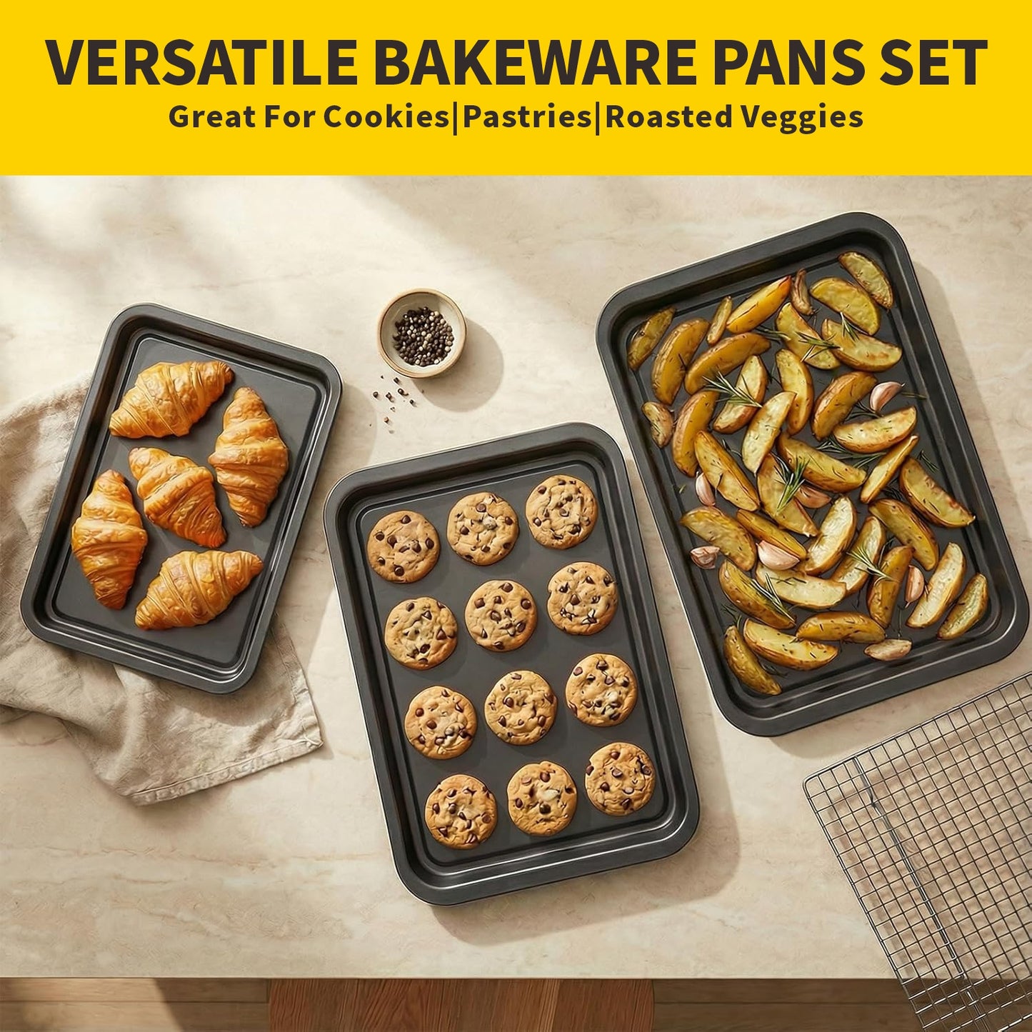 Baking Sheet Pan Set, Nonstick Stackable Multi-Depth Oven Bakeware, Black Rectangle Baking Pans, Rust & Warp Proof, Easy Clean (3-Piece)
