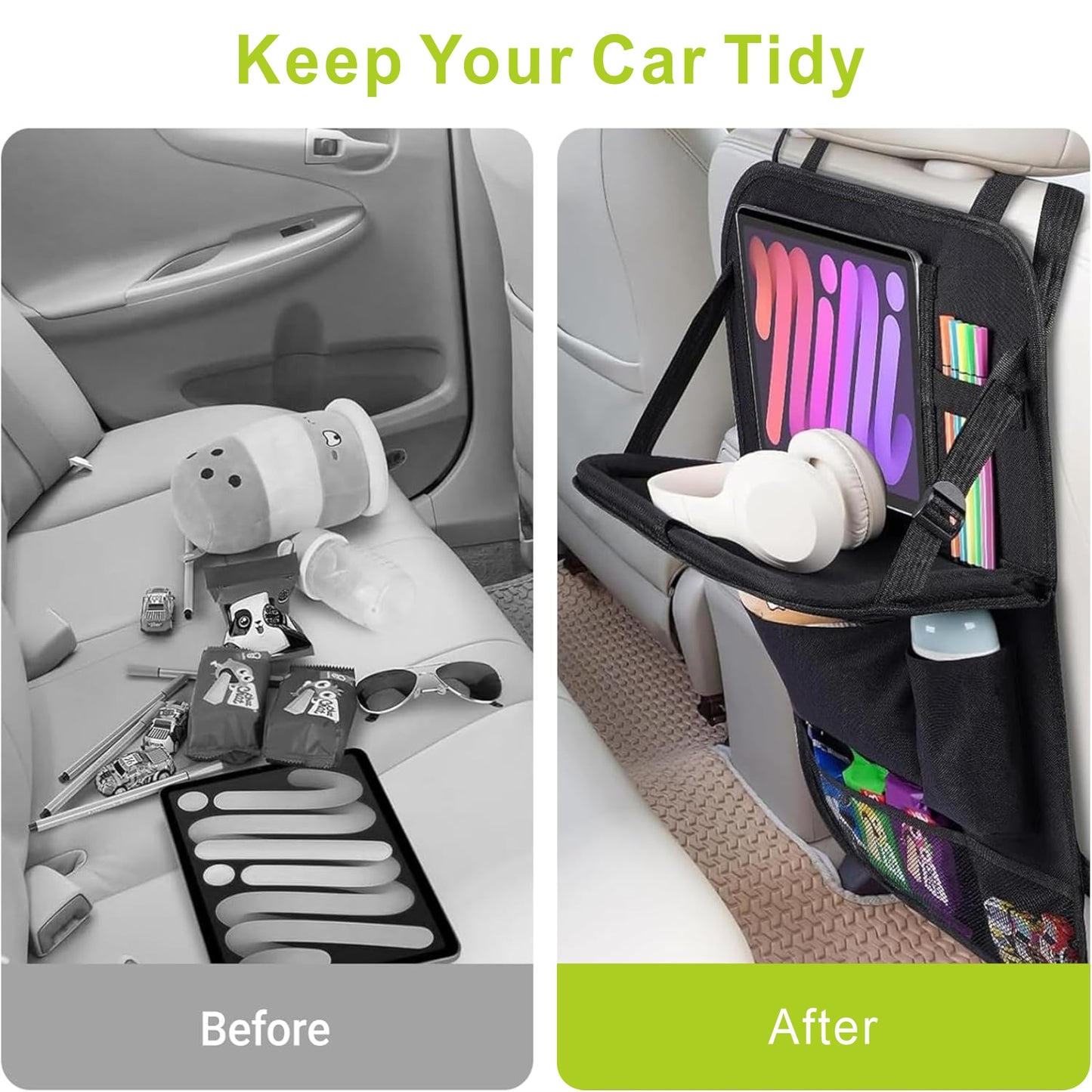Black Car Backseat Organizer with 10 Storage Pockets & Tablet Holder, Kick Mats Protector for Kids, Perfect for Family Road Trips & Daily Travel Accessorie (2-Pack)