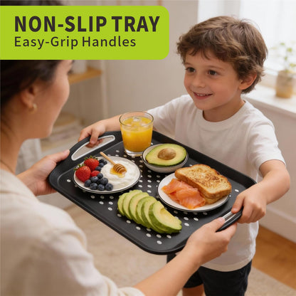 Non Slip Serving Tray with Handles, Rubber Gripped Lap Food Trays for Eating, Dishwasher Safe, Ideal for Breakfast, Snack, Fruit, Dessert, Beverage & Dinner (Large Black)
