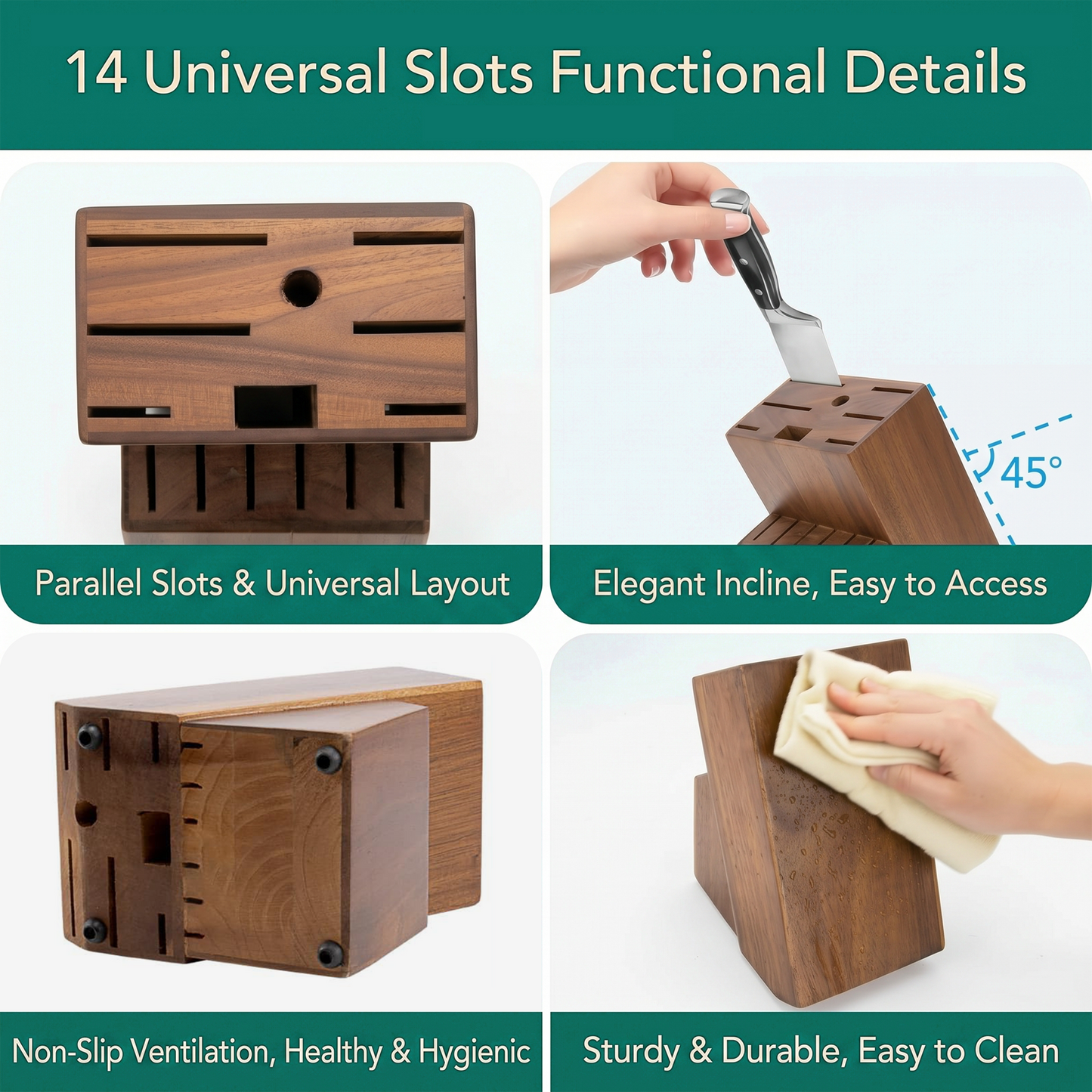 Universal Knife Block Without Knives - 14 Slots Large Bamboo Knife Holder, kitchen knife block for Knife Storage Organizer (Brown)