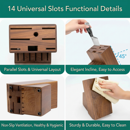 Universal Knife Block Without Knives - 14 Slots Large Bamboo Knife Holder, kitchen knife block for Knife Storage Organizer (Brown)