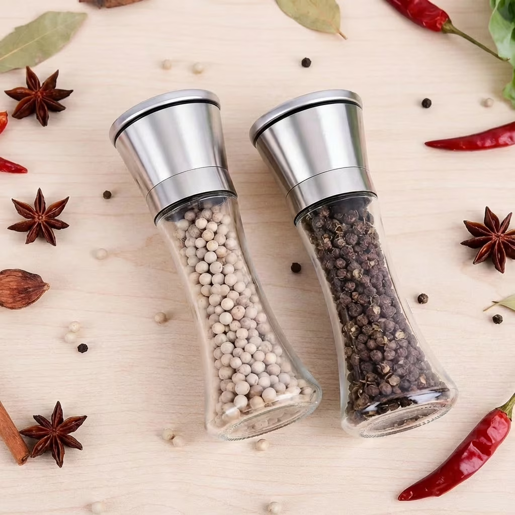 2-Pack Stainless Steel Pepper & Salt Grinder Set, Refillable Glass Body, Adjustable Coarseness Spice Mill