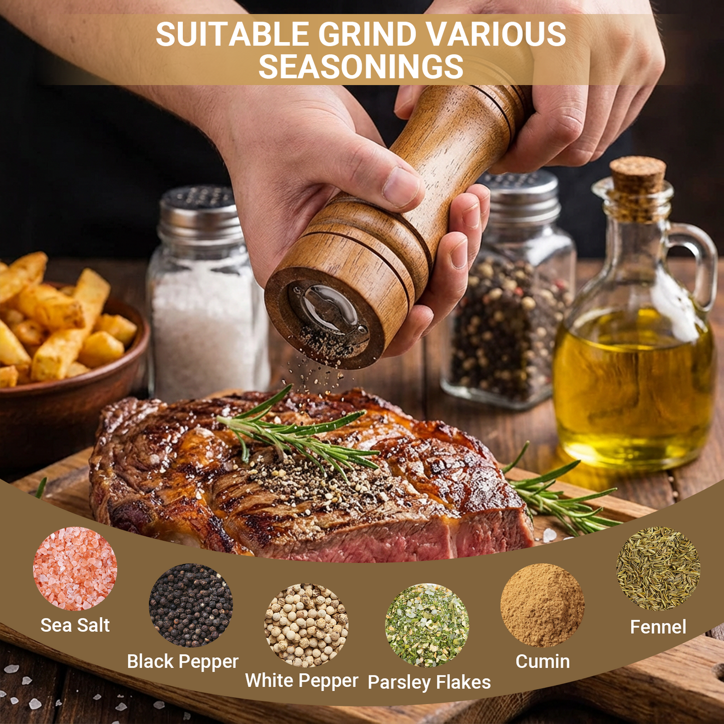 Wooden Salt and Pepper Grinder Set, Refillable Salt & Pepper Mill with Tray & Spoons, Adjustable Rubber Wood Salt & Pepper Shakers Holder with Ceramic Grinder