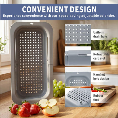 Extendable Over Sink Colander, 13.58-18.9 Inch Expandable Drain Basket, Ideal for Washing Produce & Draining Noodles, Fits Most Household Kitchen Sinks (Grey, 1 Pack)