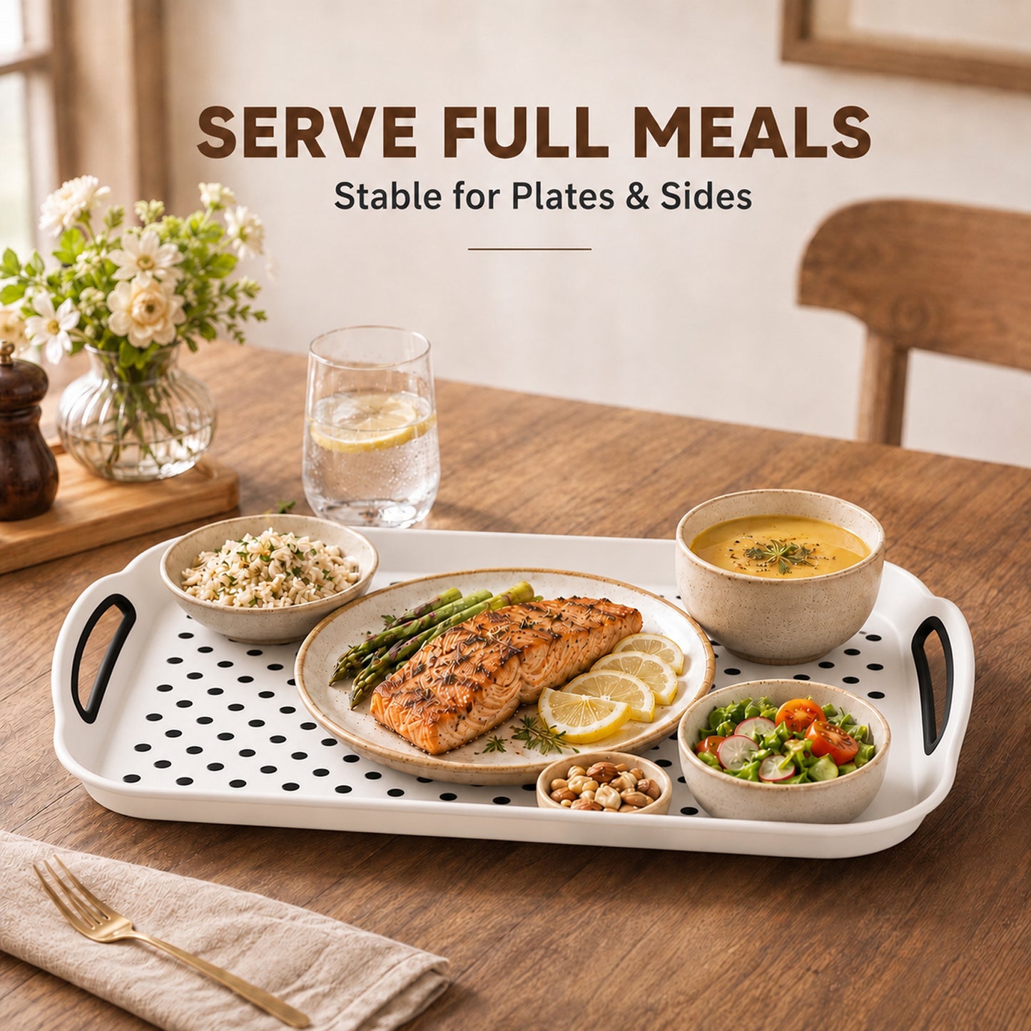 Non Slip Serving Tray with Handles, Rubber Gripped Lap Food Trays for Eating, Dishwasher Safe, Ideal for Breakfast, Snack, Fruit, Dessert, Beverage & Dinner (1 pack White)