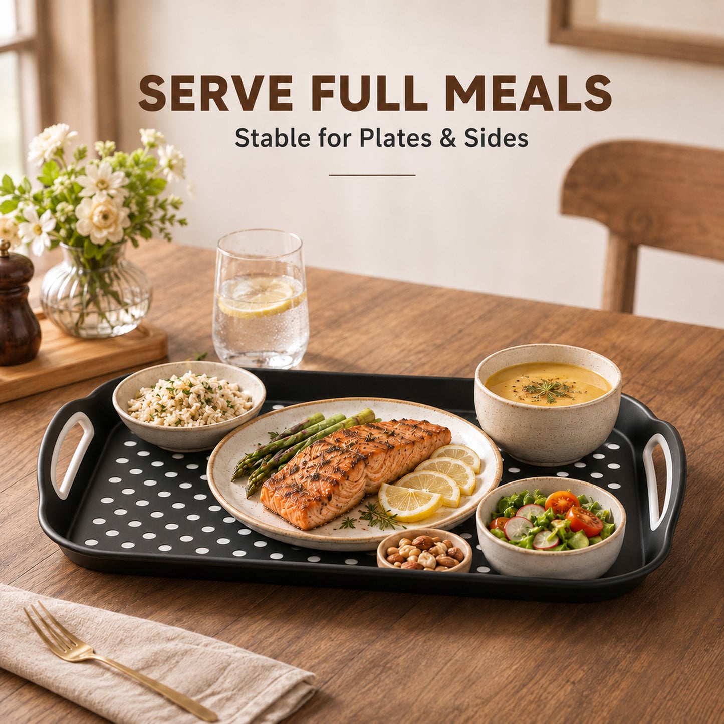 Non Slip Serving Tray with Handles, Rubber Gripped Lap Food Trays for Eating, Dishwasher Safe, Ideal for Breakfast, Snack, Fruit, Dessert, Beverage & Dinner (2 pack Black)