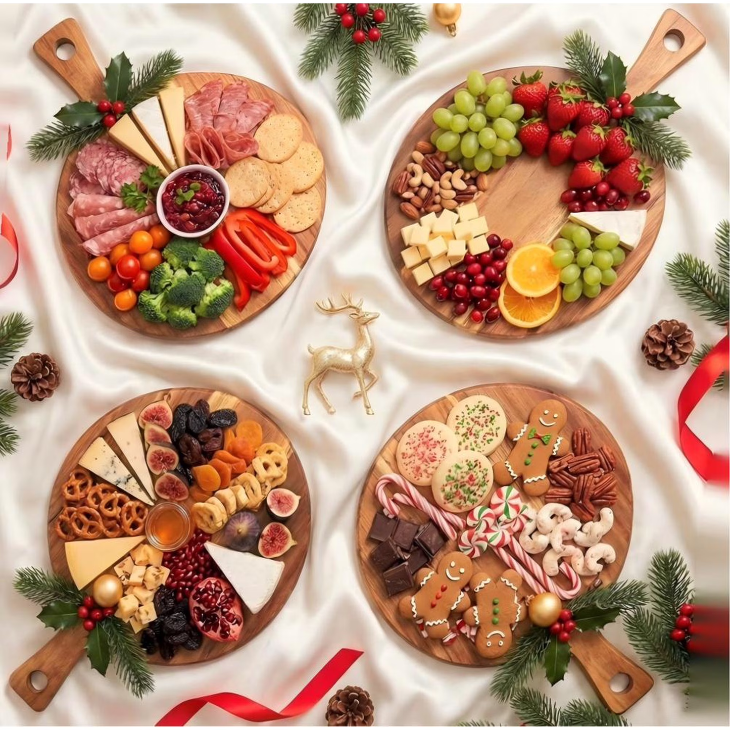 Round Wood Cutting Board, 12 Inch Acacia Wood Charcuterie Board with Handle, Multi-Functional Kitchen Serving Tray for Meat & Bread