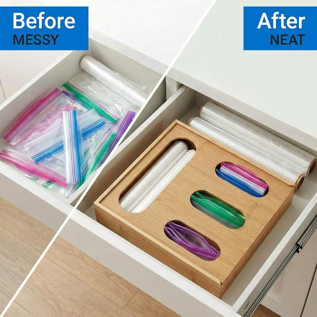 Bamboo Ziplock Bag Organizer for Kitchen Drawer, 4 Slot Storage Holder Fits Gallon Quart Sandwich Snack Bags