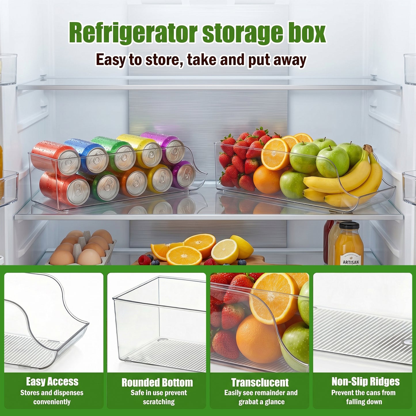 2-Pack Clear Soda Can Organizer, Plastic Beverage Dispenser Rack for Kitchen Cabinets, Drink Holder Bins for Refrigerator Organizers and Storage