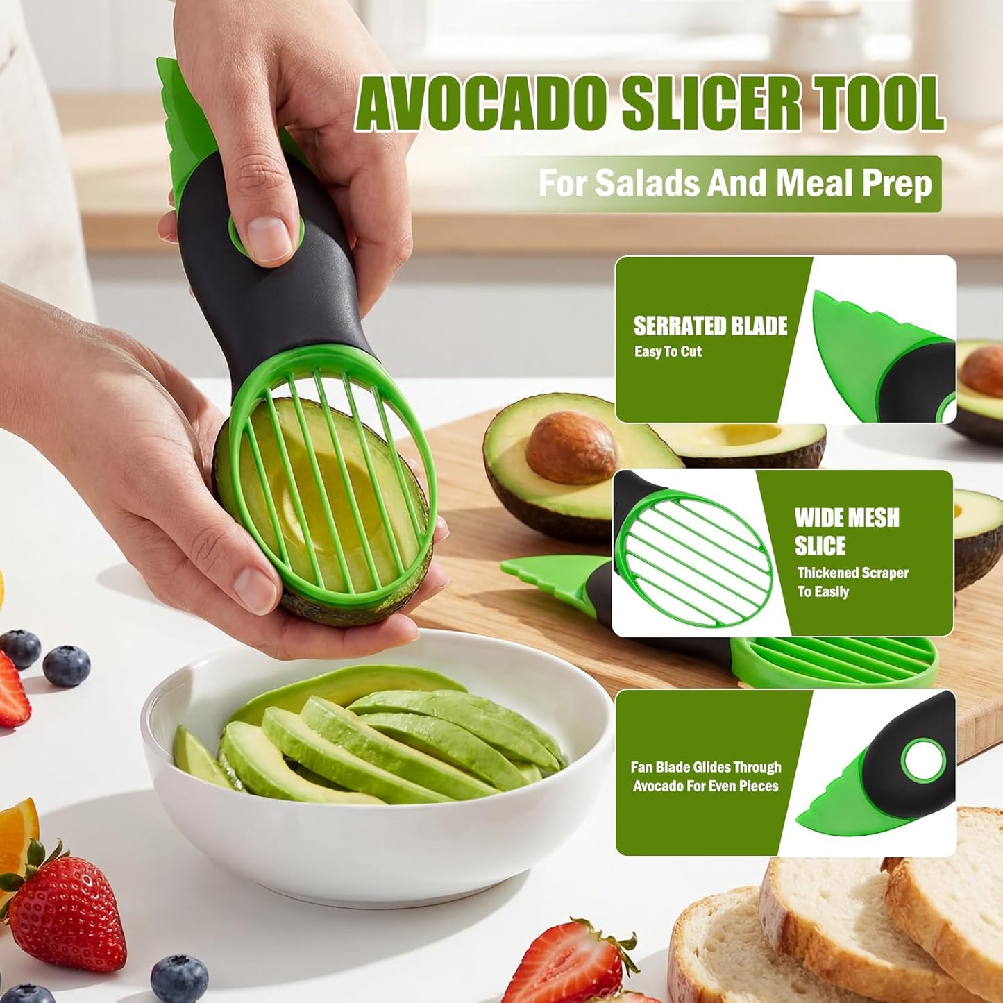 Avocado 3-Piece Kitchen Tool Set with Slicer Cutter & Airtight Storage Container, Dishwasher Safe