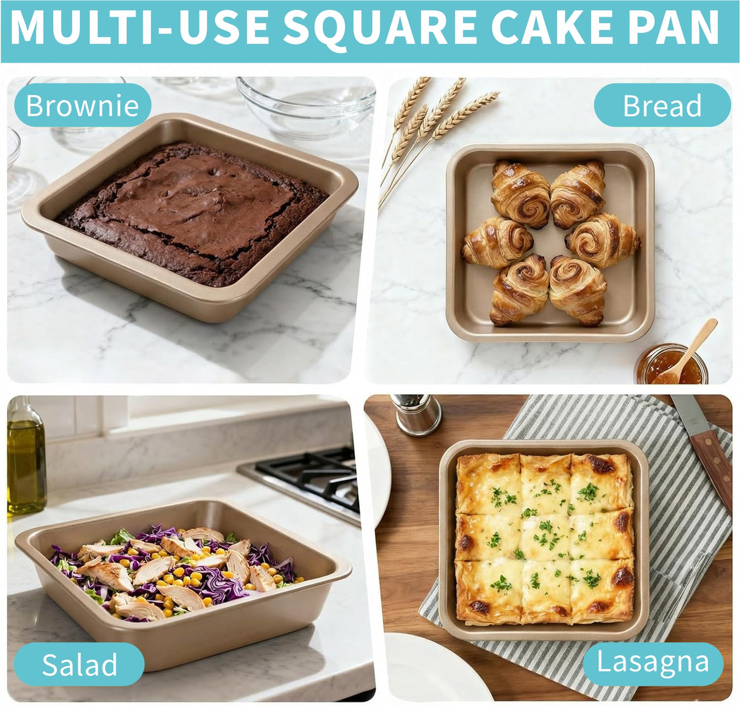 Square Cake Pan 2 Pack 8 Inch Nonstick Baking Pan for Cake, Brownie & Lasagna, Rust-Resistant, Dishwasher Safe & Easy Clean (Golden)