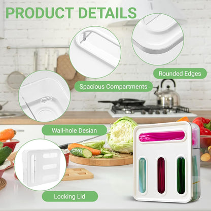 4-in-1 Food Storage Bag Organizer for Drawer or Wall, Holds Gallon, Quart, Sandwich & Snack Bags, Space Saving Plastic Baggie Holder, Easy Access Kitchen Organizer