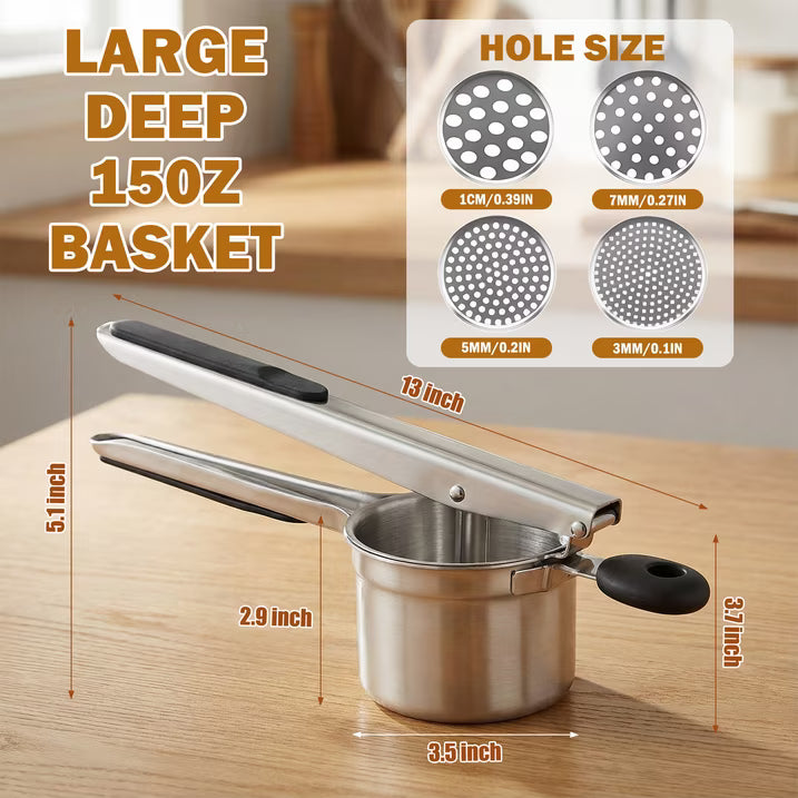 LYLHZRMDGC 15oz Stainless Steel Potato Ricer – Heavy Duty with 4 Interchangeable Discs, Ergonomic Handle