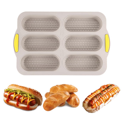 6-Cavity Silicone Baguette Bread Pan, Non-Stick French Bread & Hot Dog Bun Mold, Foldable Loaf Pan Baking Tool