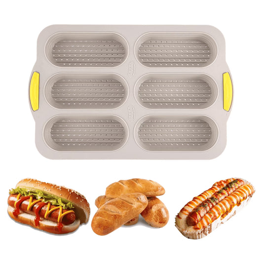 6-Cavity Silicone Baguette Bread Pan, Non-Stick French Bread & Hot Dog Bun Mold, Foldable Loaf Pan Baking Tool