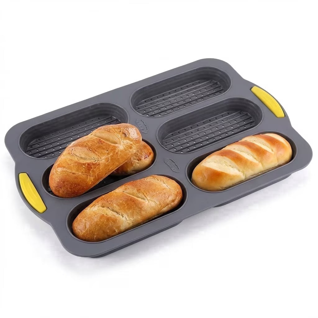 6-Cavity Silicone Baguette Pan, Nonstick French Bread & Hot Dog Bun Mold, Foldable Baking Pan for Hoagie Rolls, Easy Release, Dishwasher Safe, 1 Pack, Gray