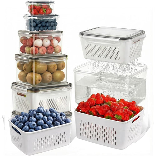 6 Pack Fruit Storage Containers for Fridge with Removable Colander, Leakproof Produce Keeper for Berries, Vegetables & Salad, All-in-One Wash & Store Food Containers, BPA Free