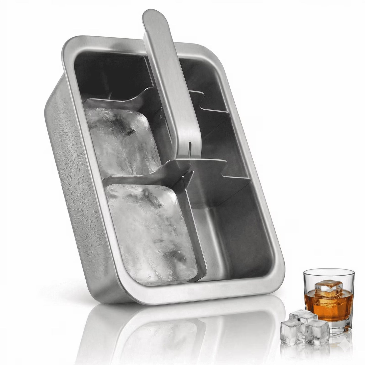 6-Slot Large Ice Cube Tray with Easy-Lift Handle - 18/8 Stainless Steel Giant Ice Mold for Whiskey & Craft Cocktails, 2.16" Slow-Melting