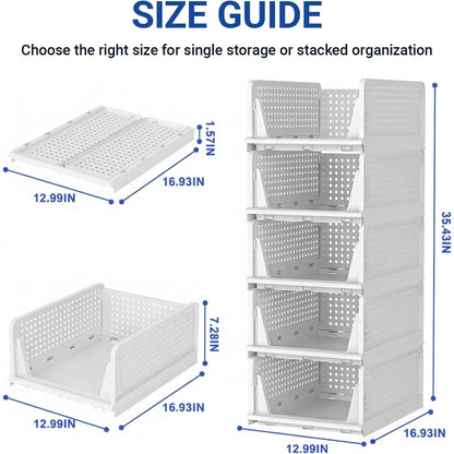 5 Packs Stackable Closet Organizer Bins, Foldable Plastic Storage Baskets, Waterproof Storage Containers for Drawer, Wardrobe, Bathroom, Living Room & Office, Space Saving Design