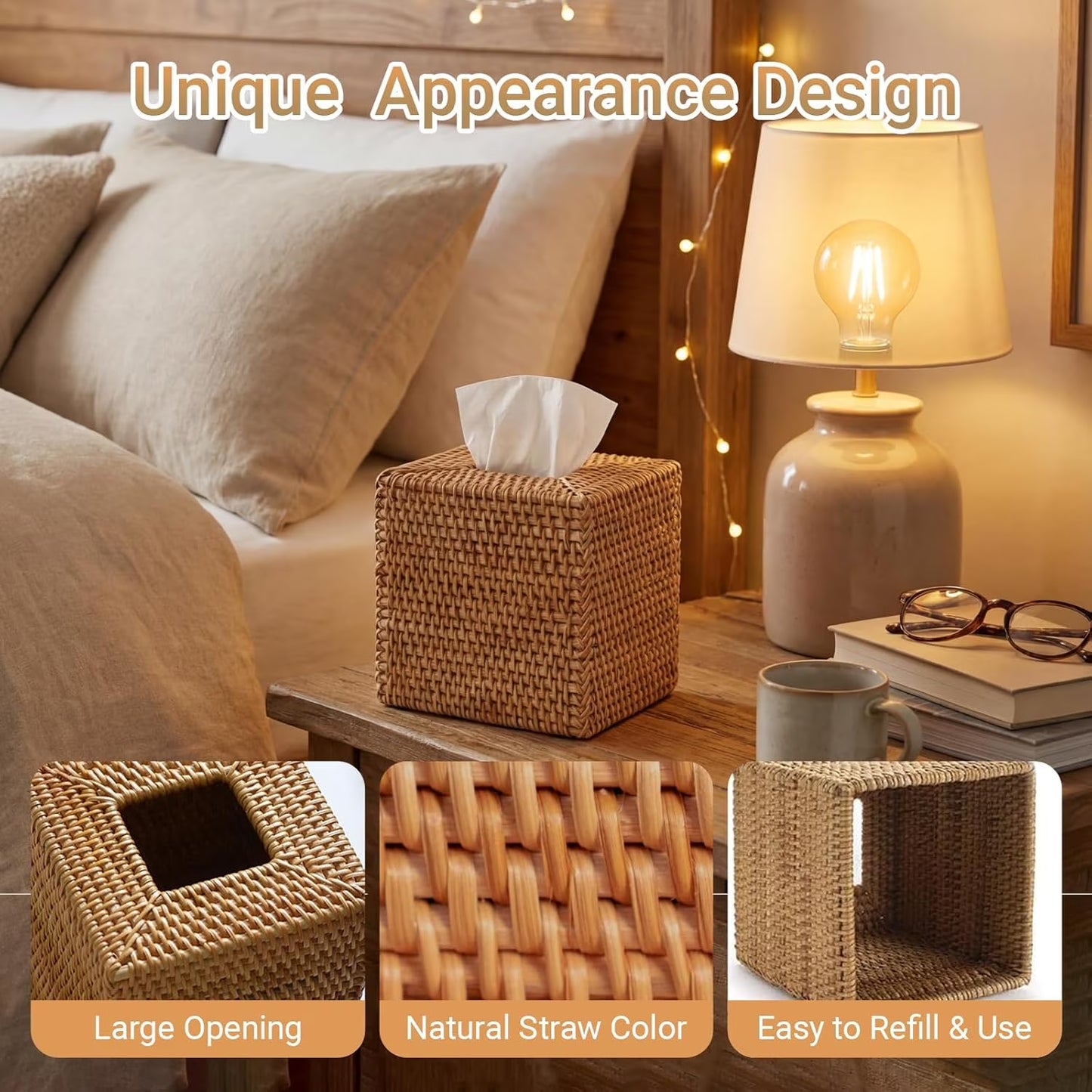Rattan Tissue Box Cover, Natural Woven Wicker Tissue Box Holder, Square Boho Decorative Facial Tissue Holder for Bathroom, Living Room, Kitchen or Desk, 5.5 x 5.5 x 5.9 Inch