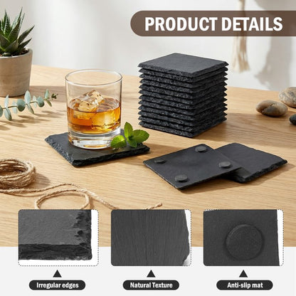 24Pack 4" Square Slate Coasters for Laser Engraving, Natural Black Stone Drink Coasters with Non-Slip Protective Pads for Coffee Table, DIY Craft