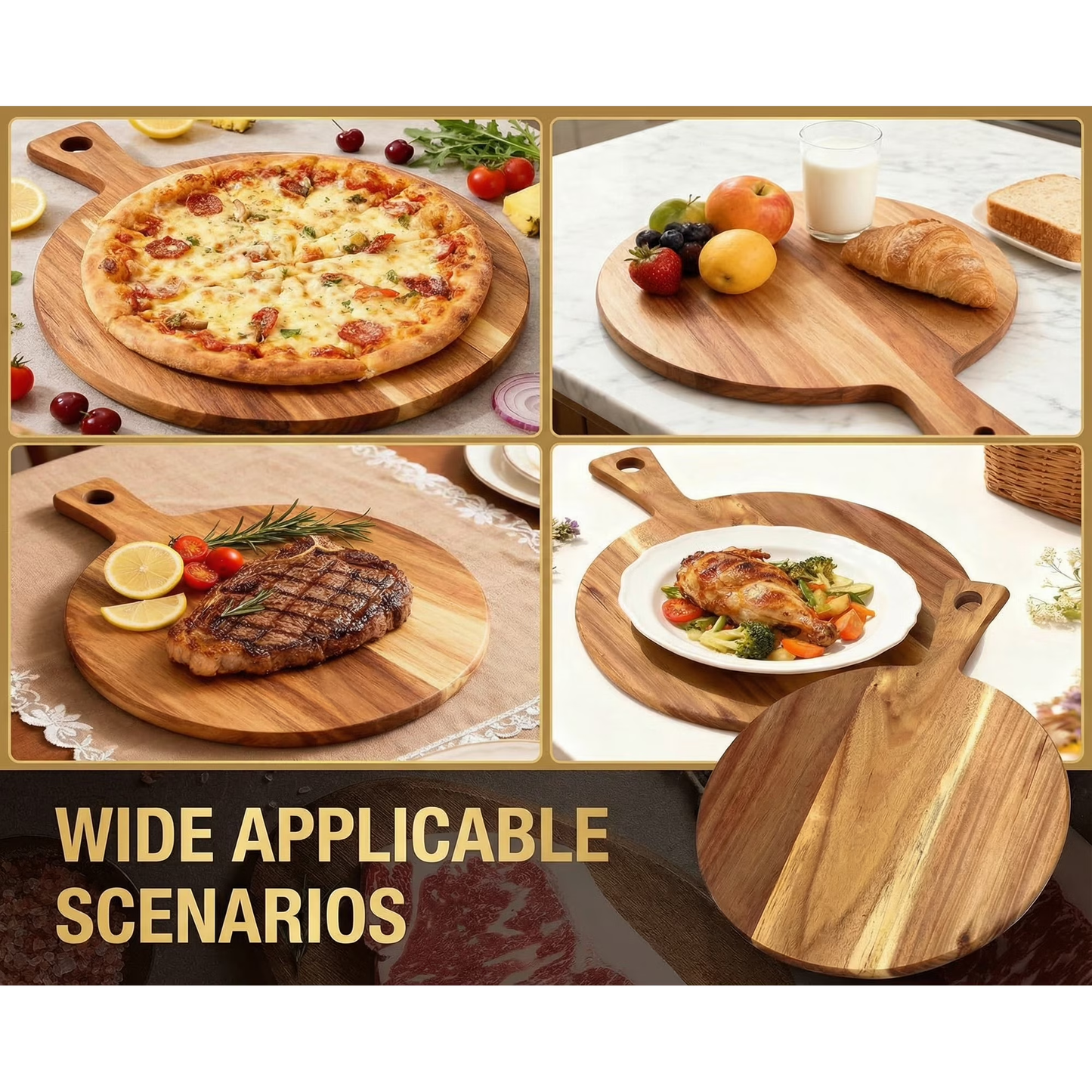 Round Wood Cutting Board, 12 Inch Acacia Wood Charcuterie Board with Handle, Multi-Functional Kitchen Serving Tray for Meat & Bread