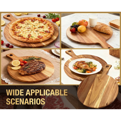 Round Wood Cutting Board, 12 Inch Acacia Wood Charcuterie Board with Handle, Multi-Functional Kitchen Serving Tray for Meat & Bread
