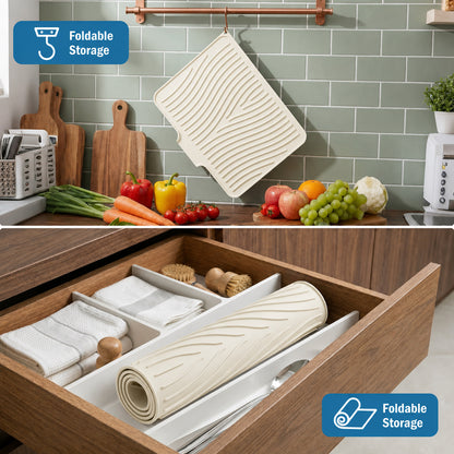 Silicone Dish Drying Mat for Kitchen Counter or Sink, Non-Slip Dish Drainer Mat with Built-in Drain, Heat Resistant Drying Pad, Off White