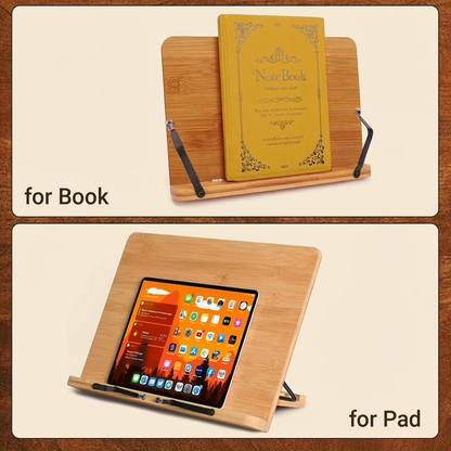 Large Bamboo Book Stand, 11'' x 8'' Portable Stable Adjustable Height Reading Book Holder for Cookbook, Sheet Music, Bible, Textbook and Tablet