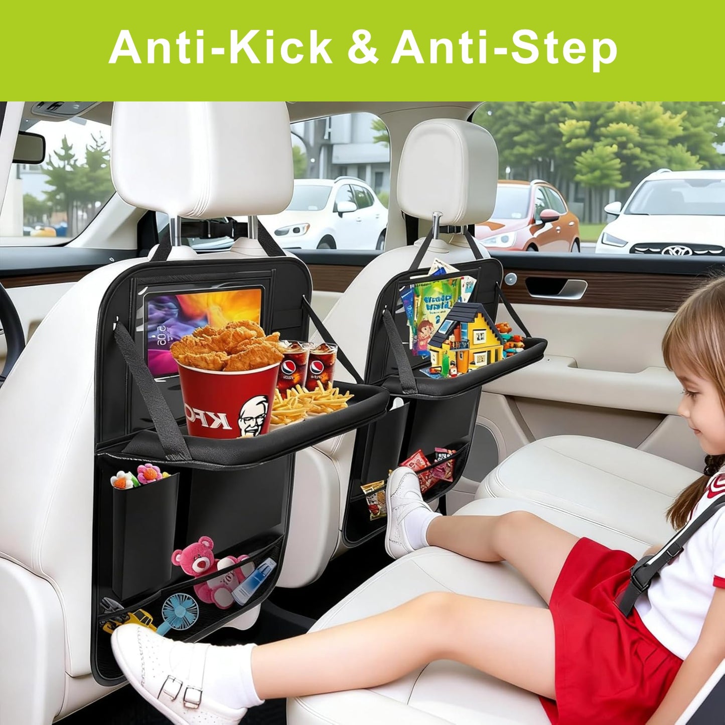 Black Car Backseat Organizer with 10 Storage Pockets & Tablet Holder, Kick Mats Protector for Kids, Perfect for Family Road Trips & Daily Travel Accessorie (2-Pack)