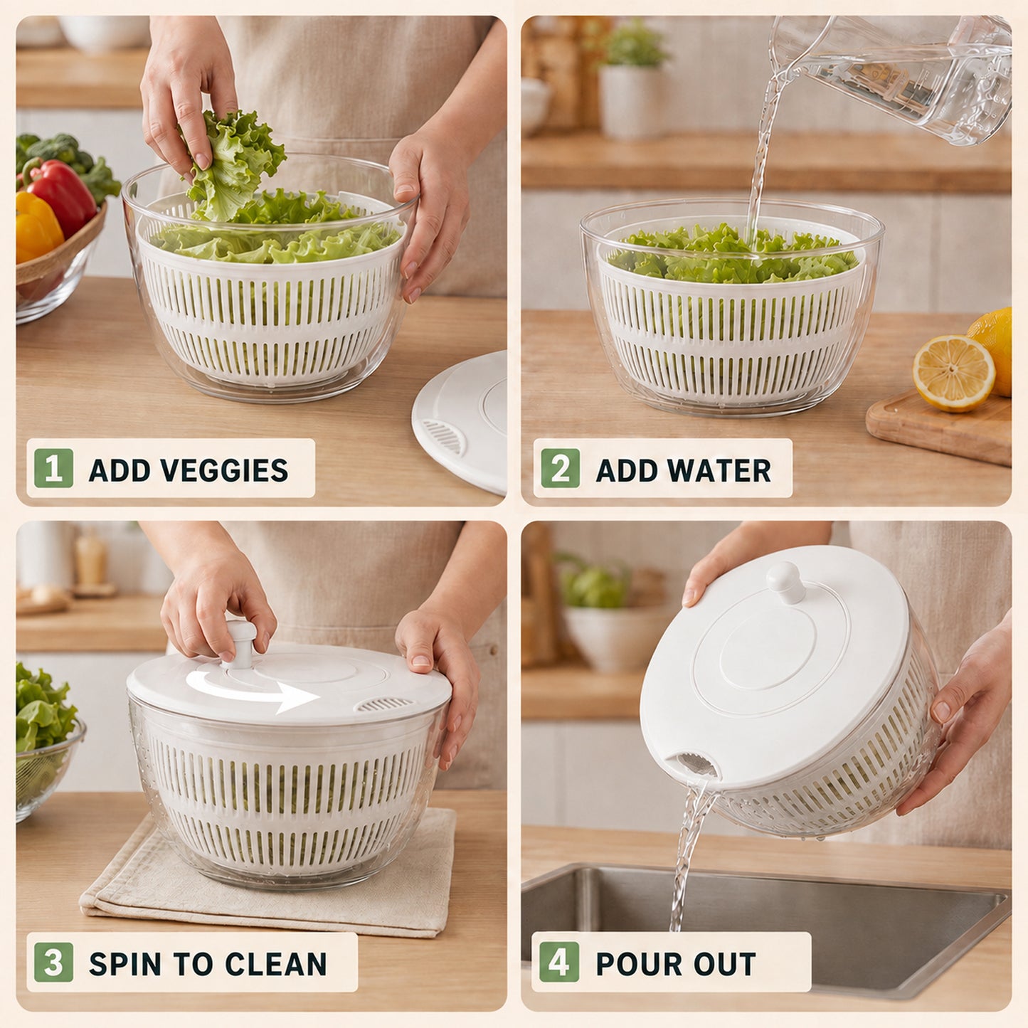 Large Salad Spinner and Slicer, 5.3 Qt 3-in-1 Vegetable Fruit Wash Bowl, Lettuce Washer with 5-Blade Slicer & Egg Yolk Strainer for Fast Salad Prep (White)
