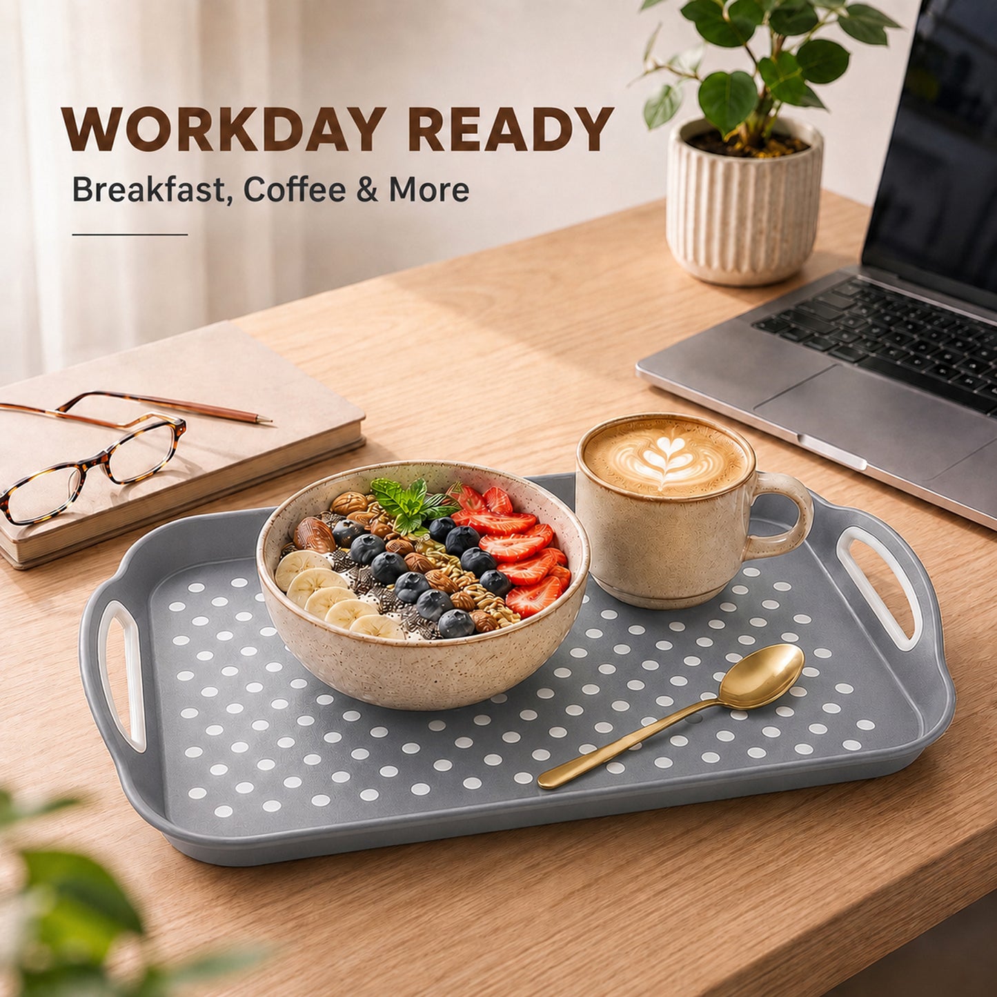 Non Slip Serving Tray with Handles, Rubber Gripped Lap Food Trays for Eating, Dishwasher Safe, Ideal for Breakfast, Snack, Fruit, Dessert, Beverage & Dinner (1 pack Grey)