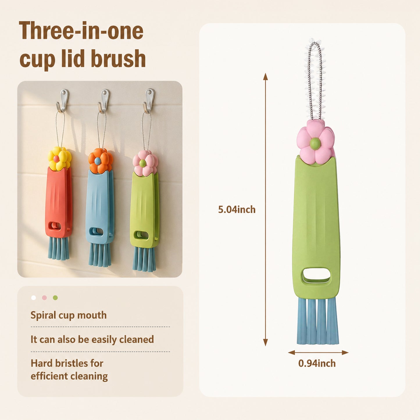 3-in-1 Cup Lid Cleaning Brush – Multicolor, Multifunctional Bottle Brush for Travel Lids & Baby Nipples, 3 Pack
