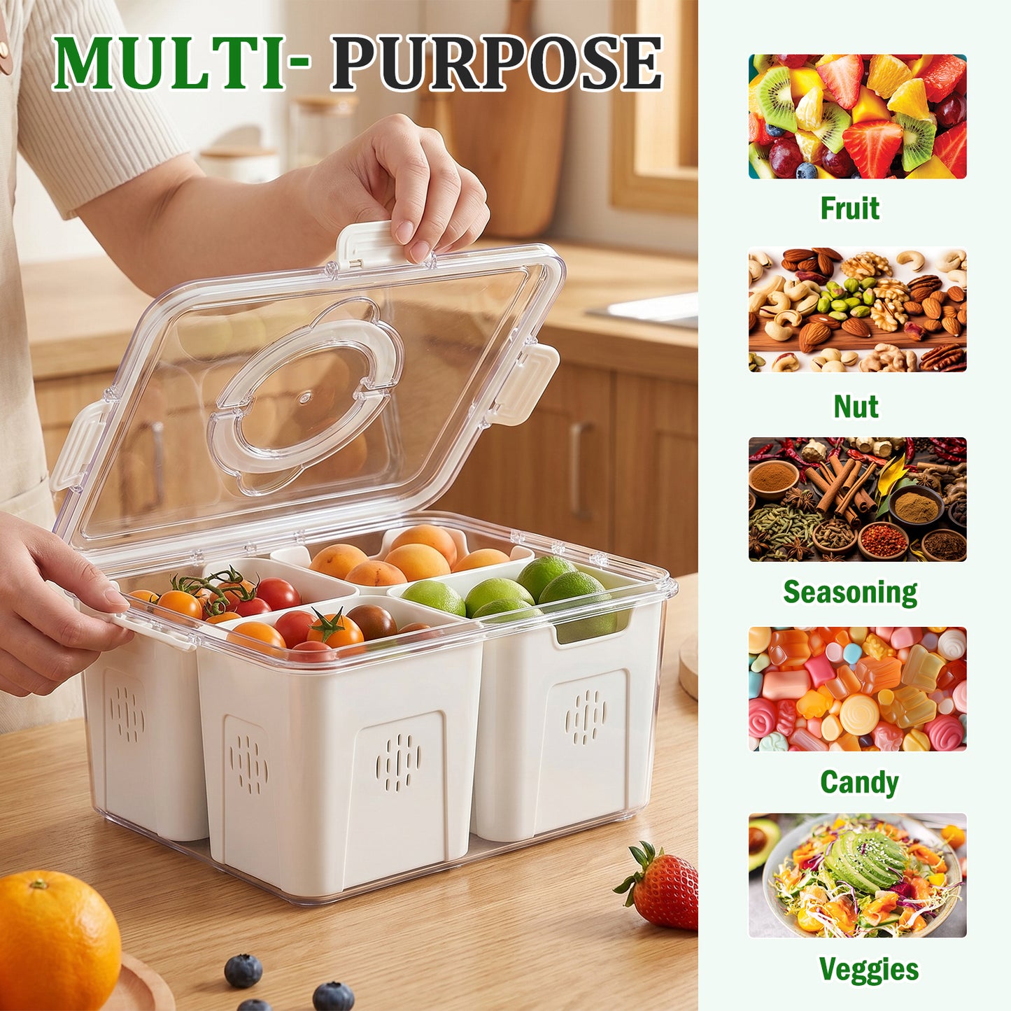 Refrigerator Organizer with Lids, 4 Compartment Divided Food Storage Container for Fridge, Snackle Box Style Fruit and Vegetable Storage Tray, Stackable Clear Fridge Organizer, 1 Pack