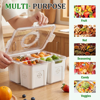 Refrigerator Organizer with Lids, 4 Compartment Divided Food Storage Container for Fridge, Snackle Box Style Fruit and Vegetable Storage Tray, Stackable Clear Fridge Organizer, 1 Pack