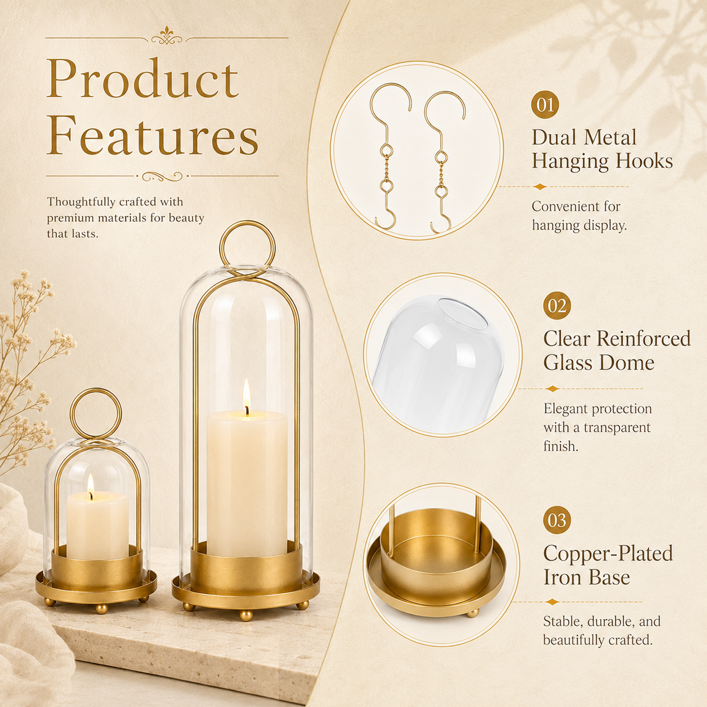 Hurricane Glass Candle Holders Set of 2, 5" & 4" Metal Candle Holder with Glass Dome, Candle Lantern for Pillar Candles, Table Centerpiece Home Decor