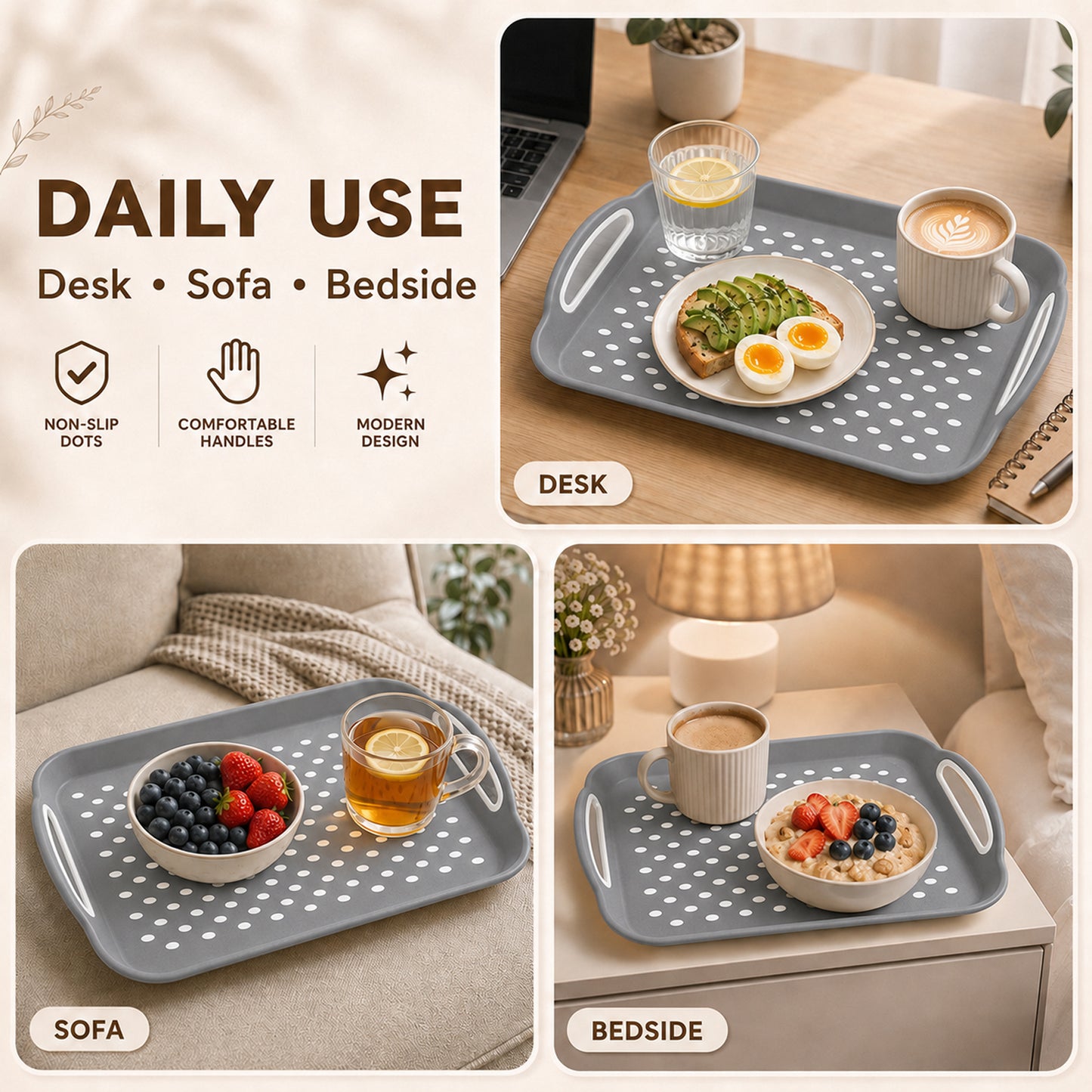 Non Slip Serving Tray with Handles, Rubber Gripped Lap Food Trays for Eating, Dishwasher Safe, Ideal for Breakfast, Snack, Fruit, Dessert, Beverage & Dinner (2 pack Grey)