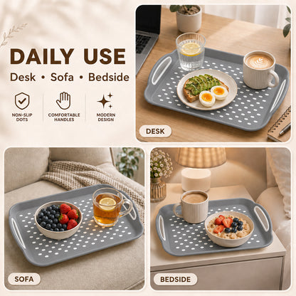 Non Slip Serving Tray with Handles, Rubber Gripped Lap Food Trays for Eating, Dishwasher Safe, Ideal for Breakfast, Snack, Fruit, Dessert, Beverage & Dinner (2 pack Grey)