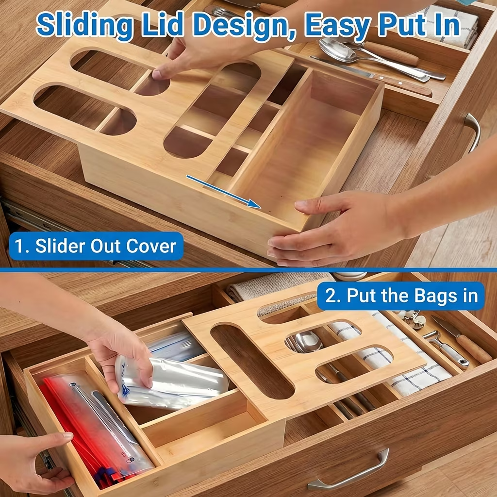 Bamboo Ziplock Bag Organizer for Kitchen Drawer, 4 Slot Storage Holder Fits Gallon Quart Sandwich Snack Bags