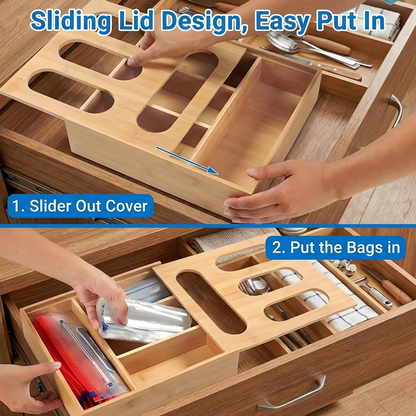 Bamboo Ziplock Bag Organizer for Kitchen Drawer, 4 Slot Storage Holder Fits Gallon Quart Sandwich Snack Bags