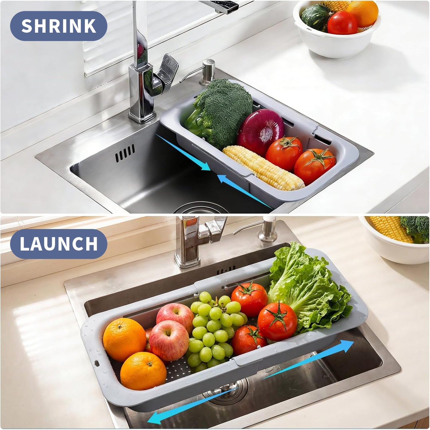 Extendable Over Sink Colander, 13.58-18.9 Inch Expandable Drain Basket, Ideal for Washing Produce & Draining Noodles, Fits Most Household Kitchen Sinks (Grey, 1 Pack)